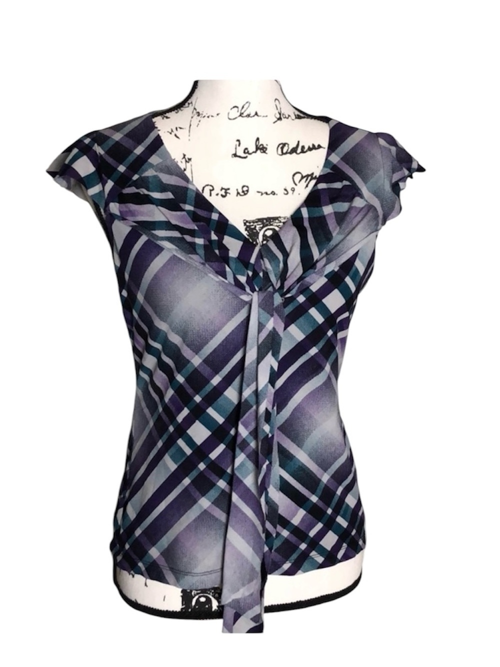 Plaid Tie Front Top Women’s Purple Cap Sleeve Blouse Petite S